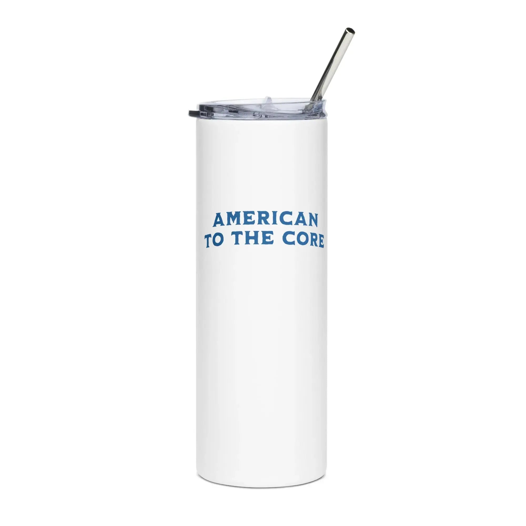 White tumbler with blue text 'American to the Core' and a metal straw on a white background