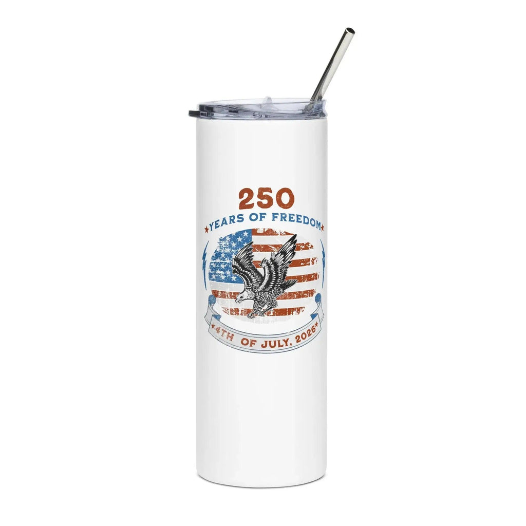 White patriotic tumbler with American flag design and eagle, featuring '250 Years of Freedom' text.
