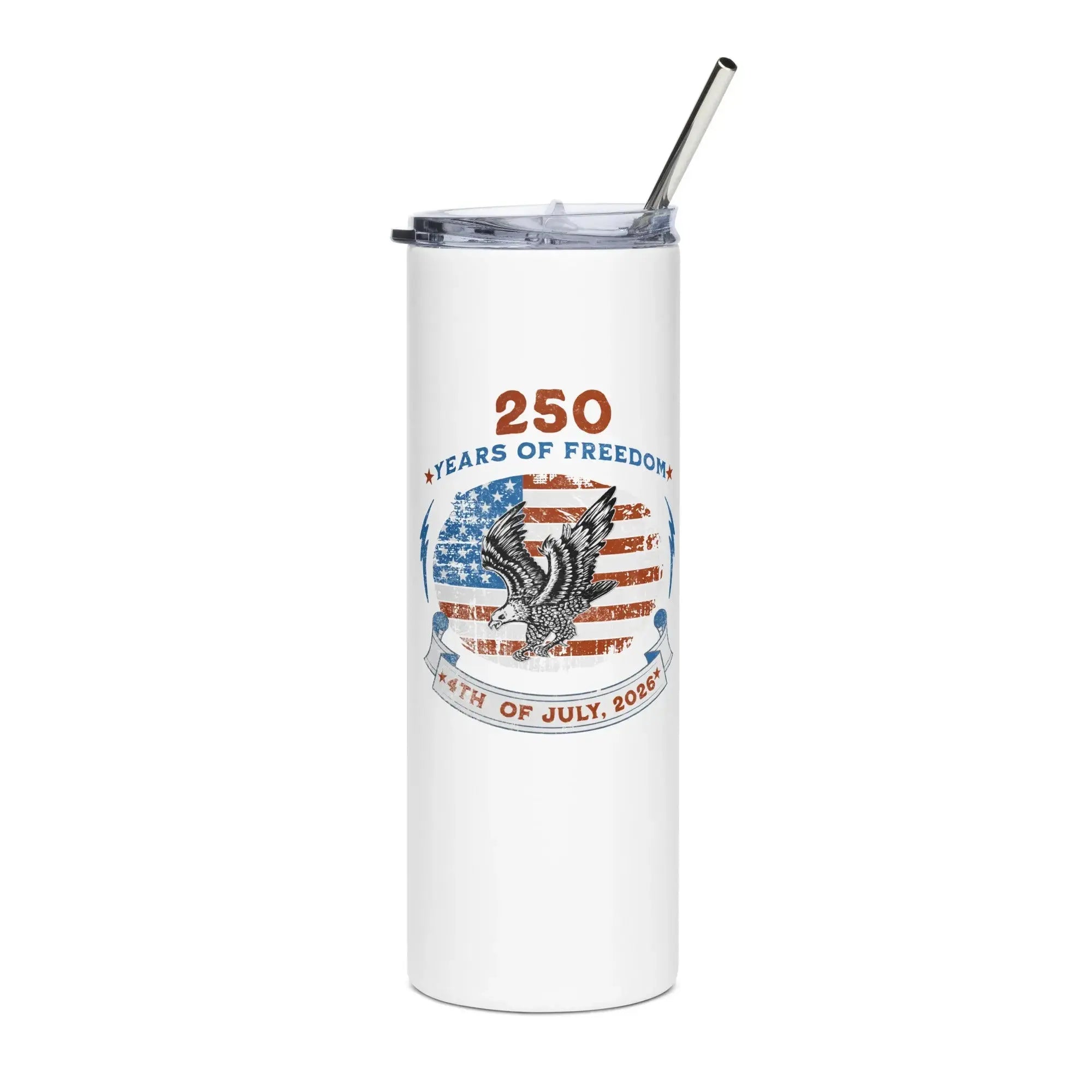 White patriotic tumbler with American flag design and eagle, featuring '250 Years of Freedom' text.