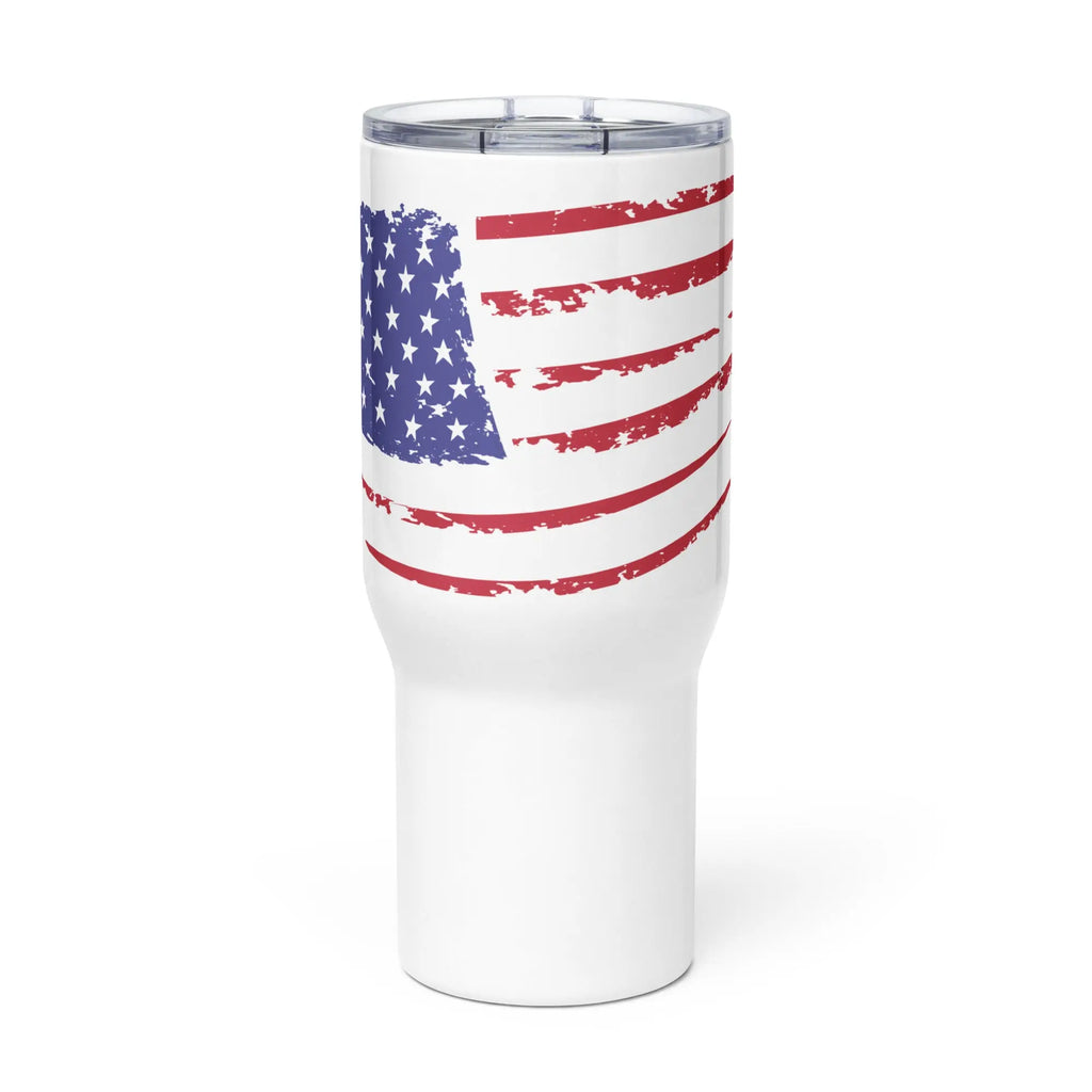 A white travel tumbler with the American flag.
