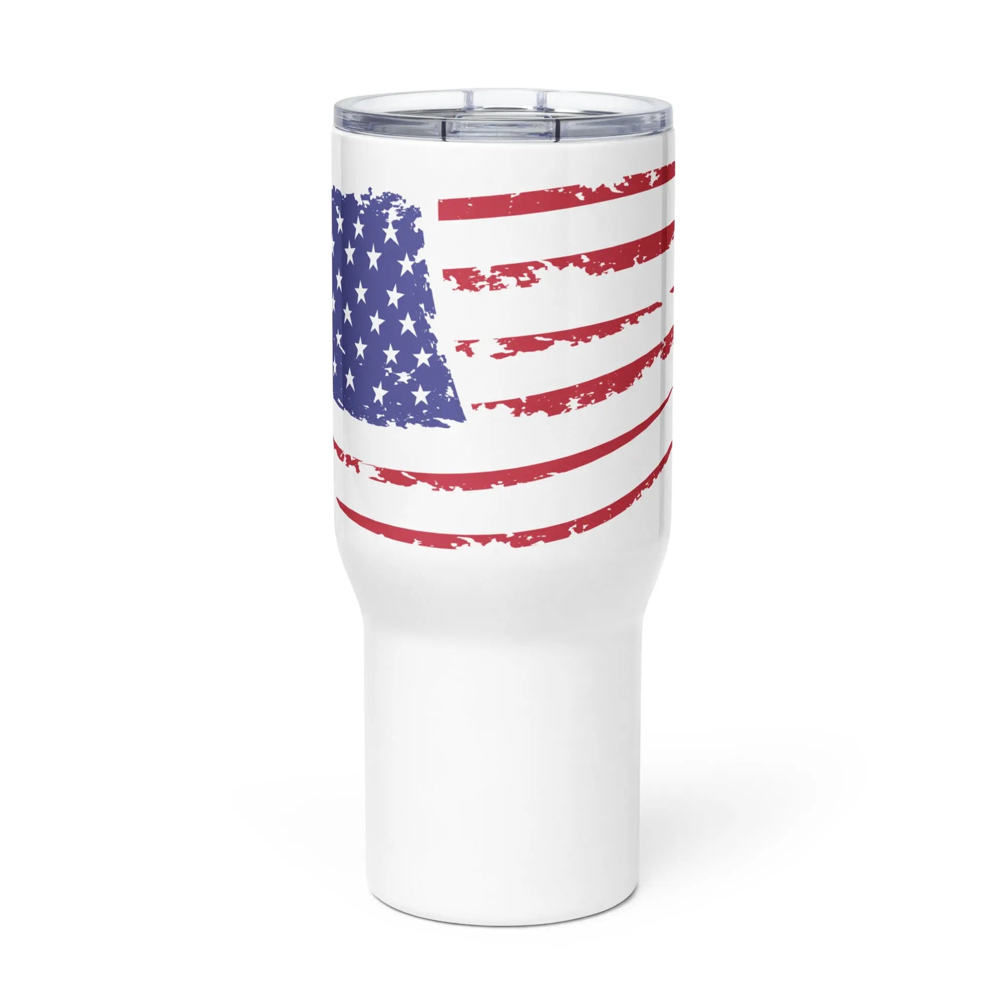 A white travel tumbler with the American flag.