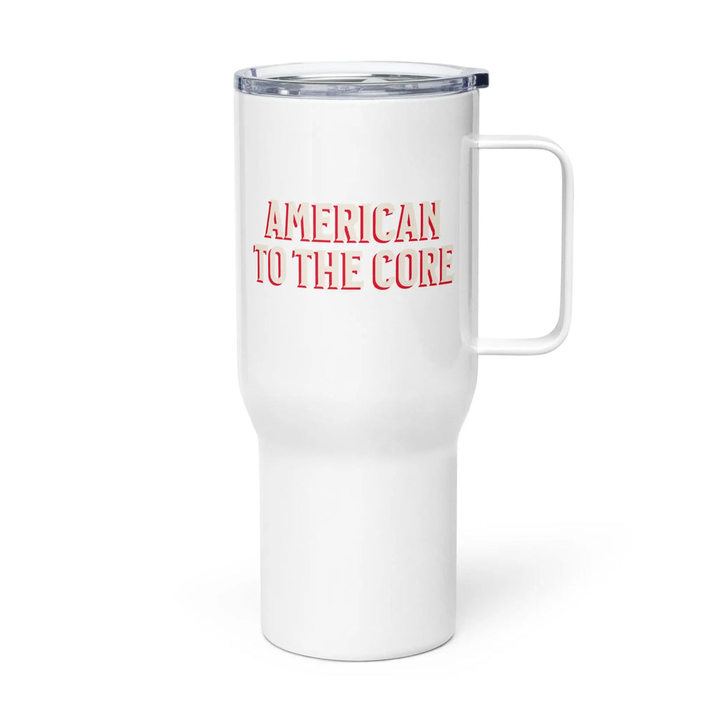 White mug with red text 'American to the Core' on a white background