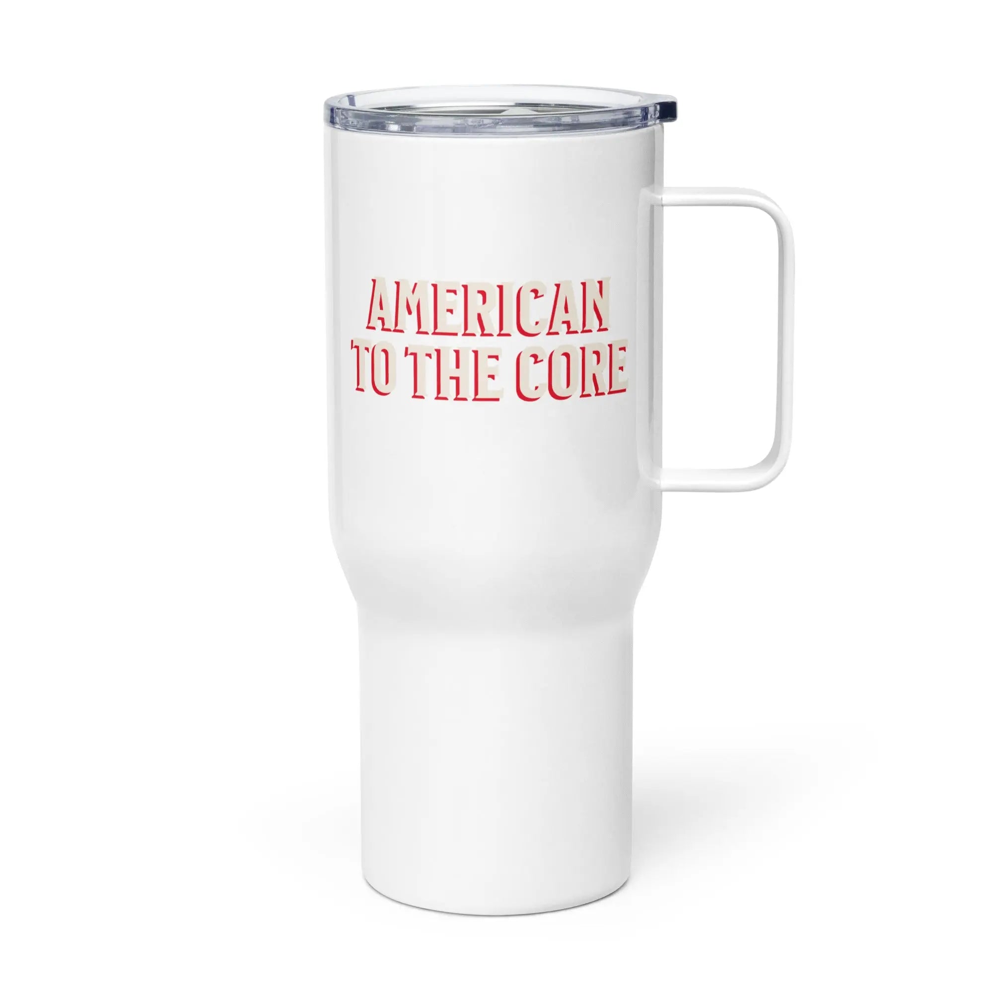 White mug with red text 'American to the Core' on a white background
