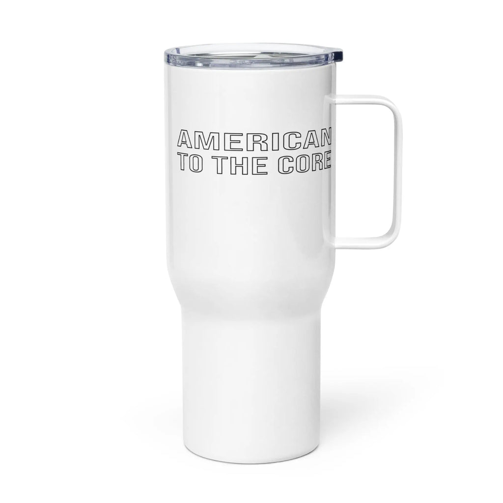 White travel mug with 'American to the Core' text on a white background