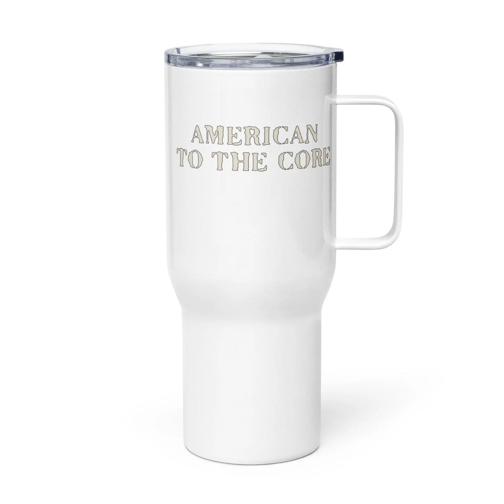 White travel mug with 'American to the core' text on a white background