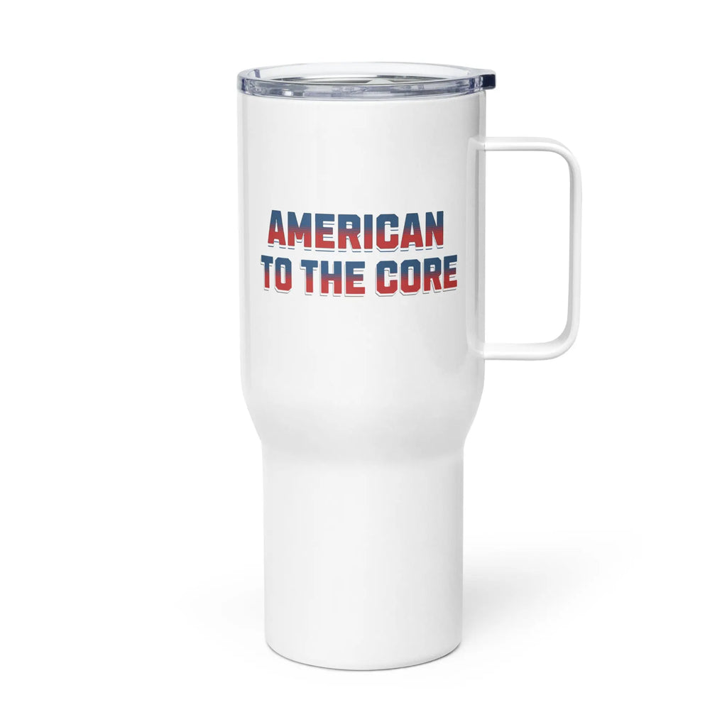 White mug with 'American to the Core' text in red and blue on a white background