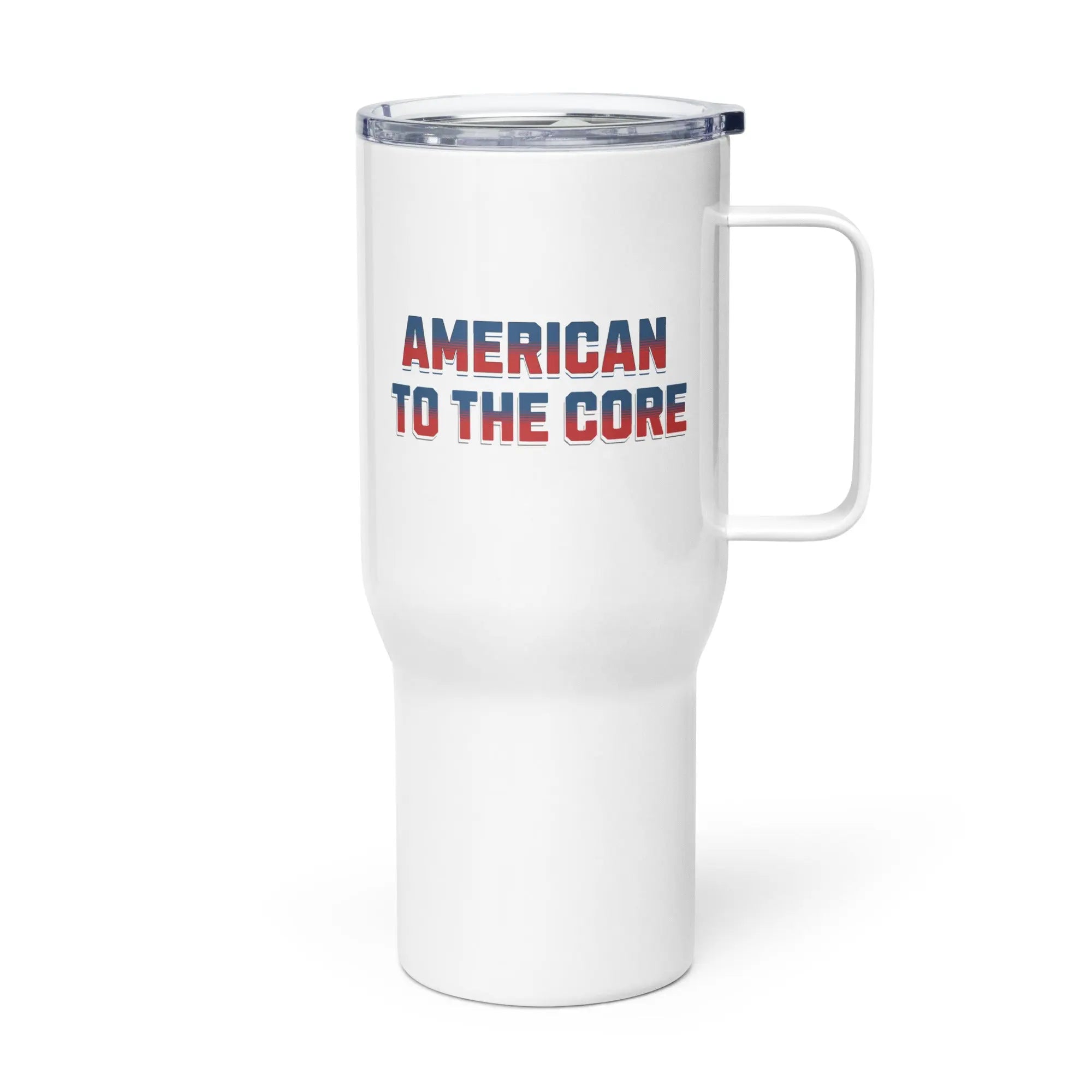 White mug with 'American to the Core' text in red and blue on a white background