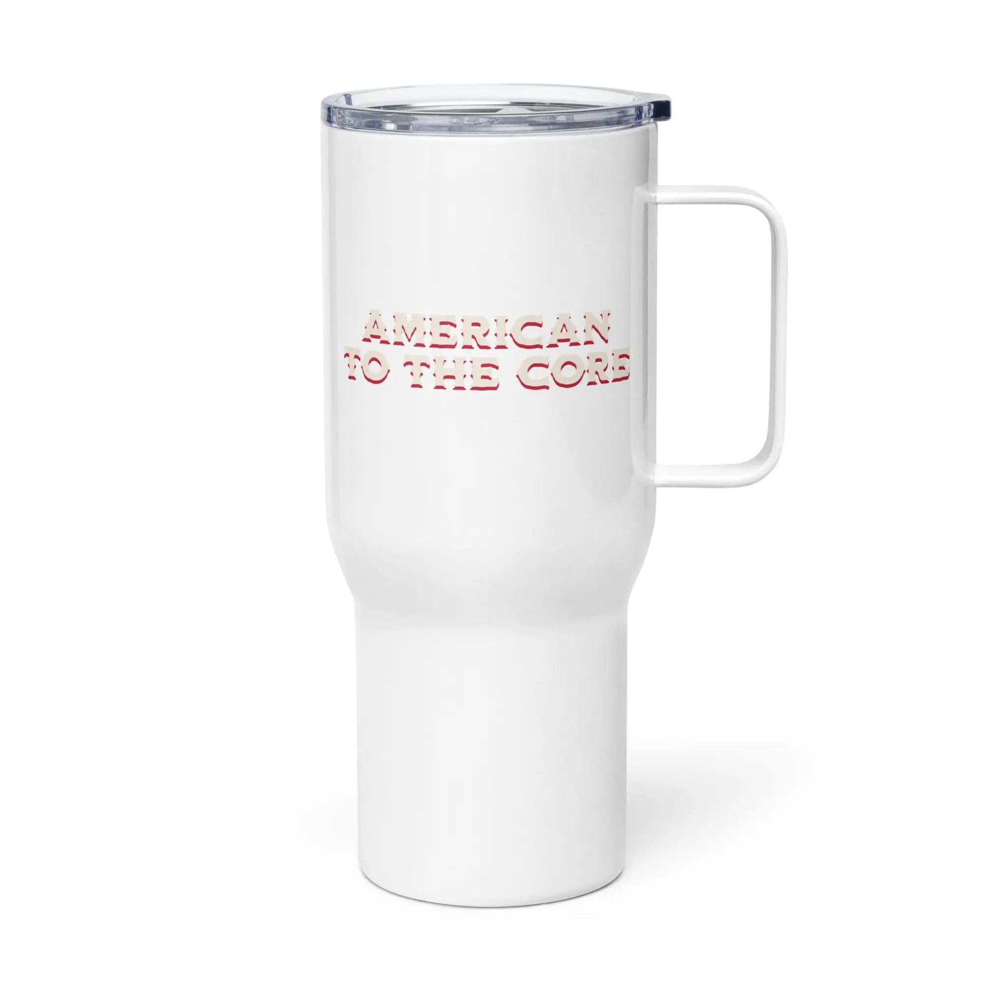 White travel mug with 'American to the Core' text on a white background
