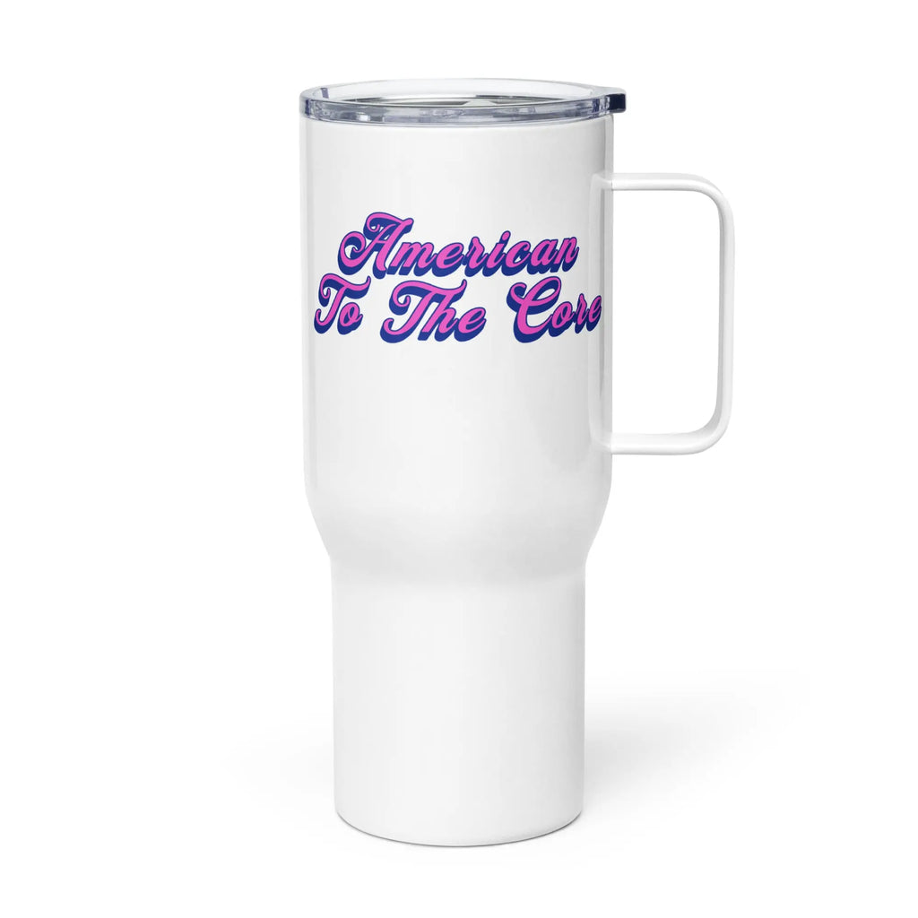 White travel mug with 'American To The Core' text in purple and pink on a white background