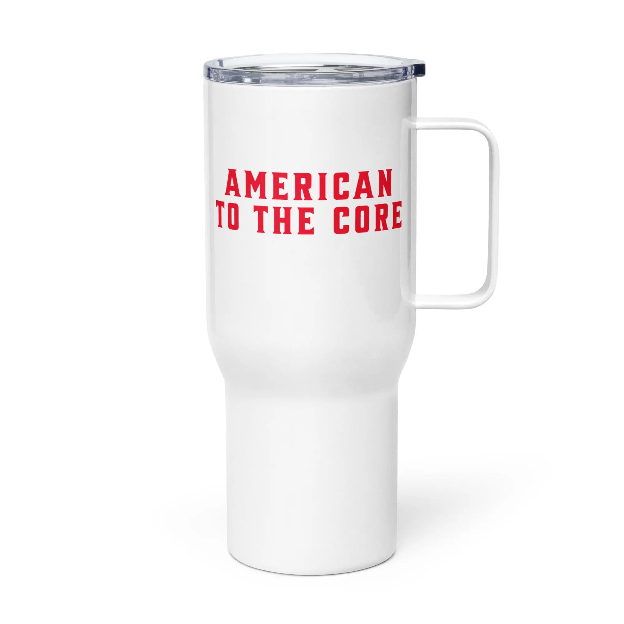 White tumbler with the text 'American To The Core' in red