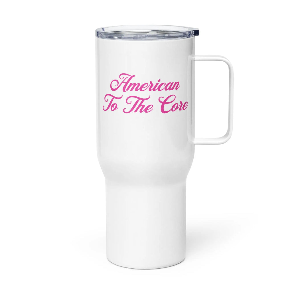 White tumbler with the text 'American to the core' in pink