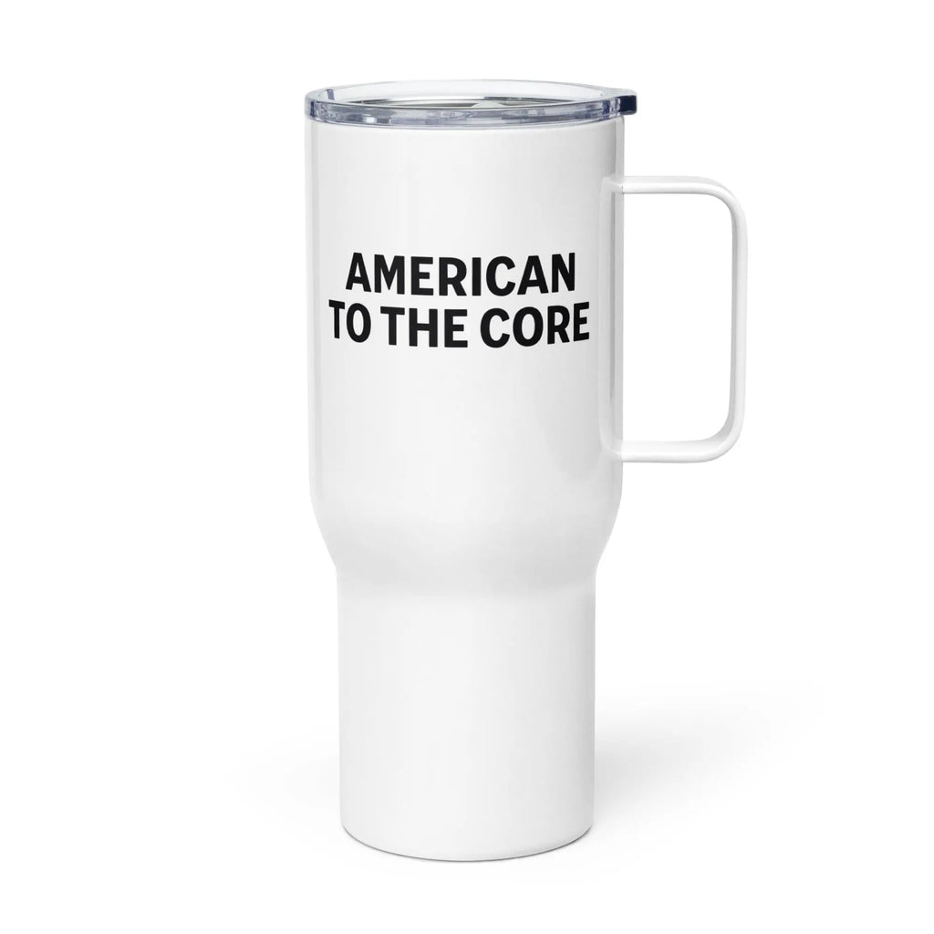 White tumbler with the text 'American to the core' in black 