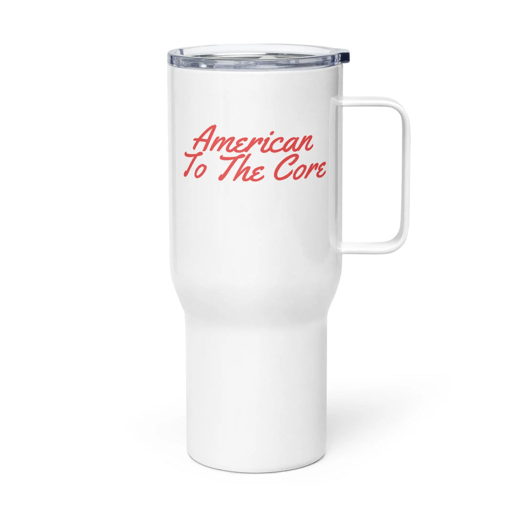 White tumbler with 'American to the core' text in red. 