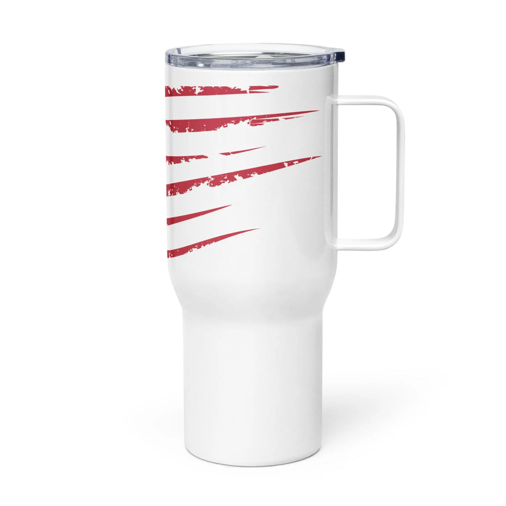 A white travel tumbler with the American flag.