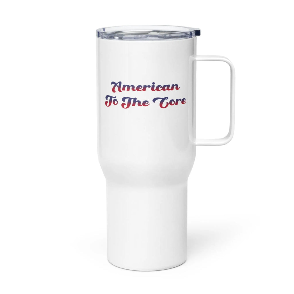 A white travel tumbler with the text 'American To The Core' in red and blue.