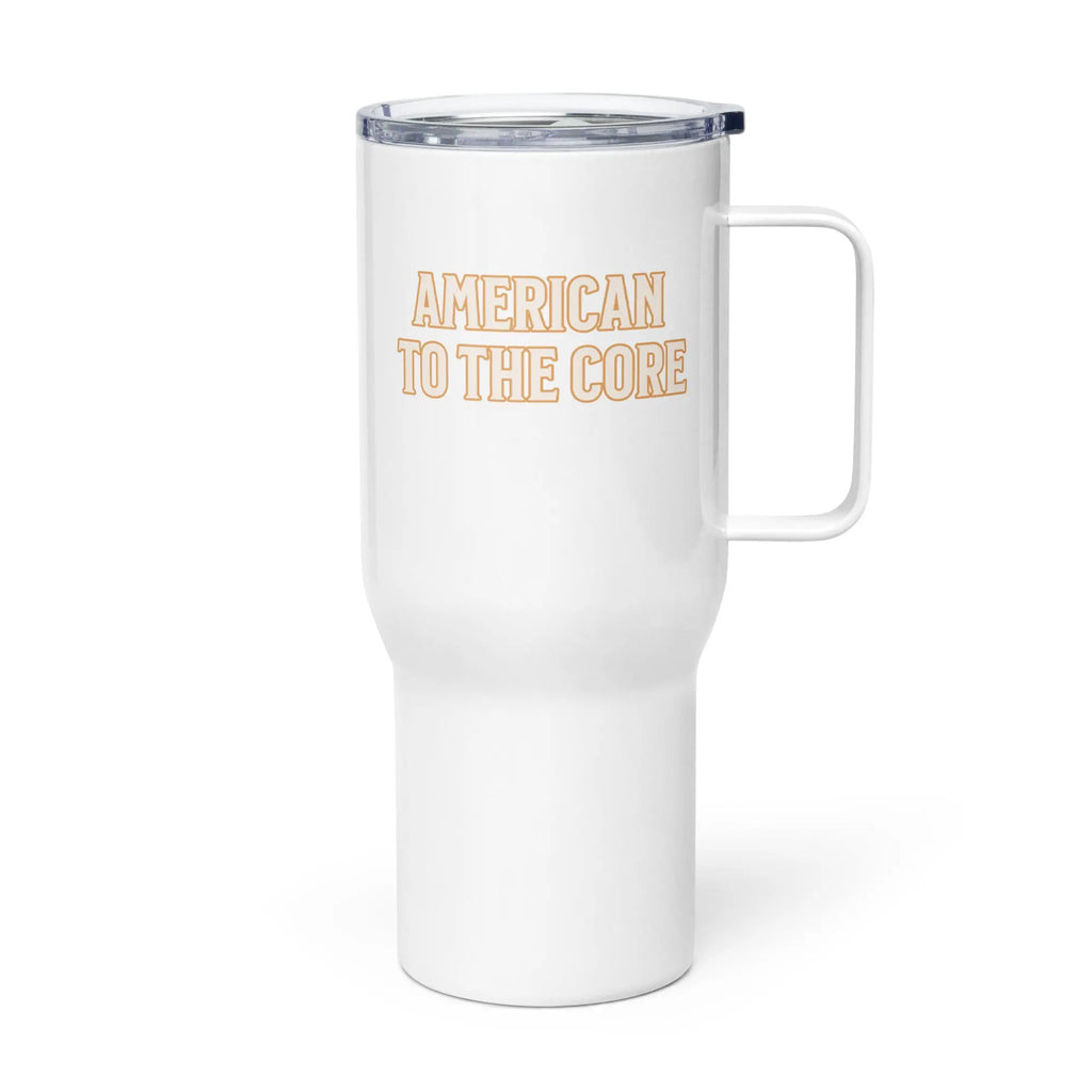 A white travel tumbler with the text 'American To The Core.'