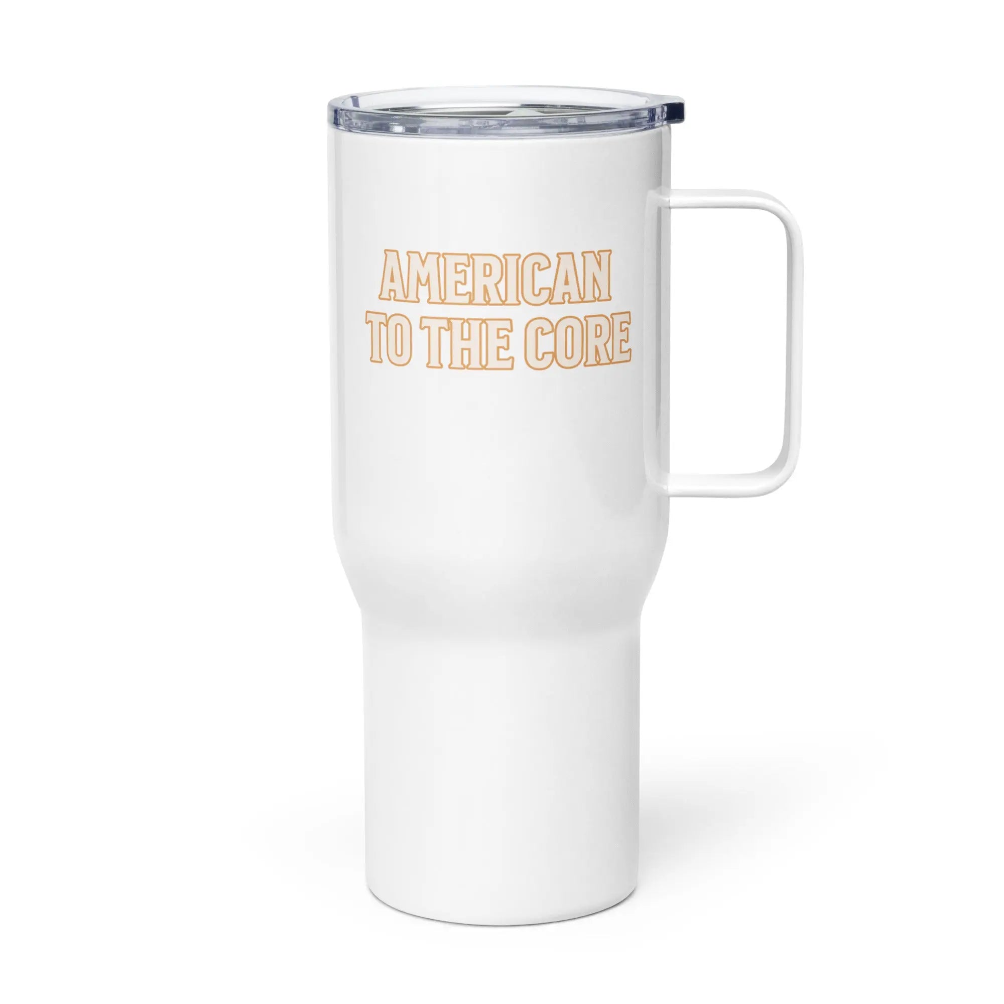 A white travel tumbler with the text 'American To The Core.'