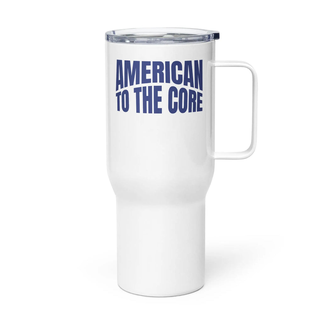 A white travel tumbler with the text 'American To The Core' in blue.