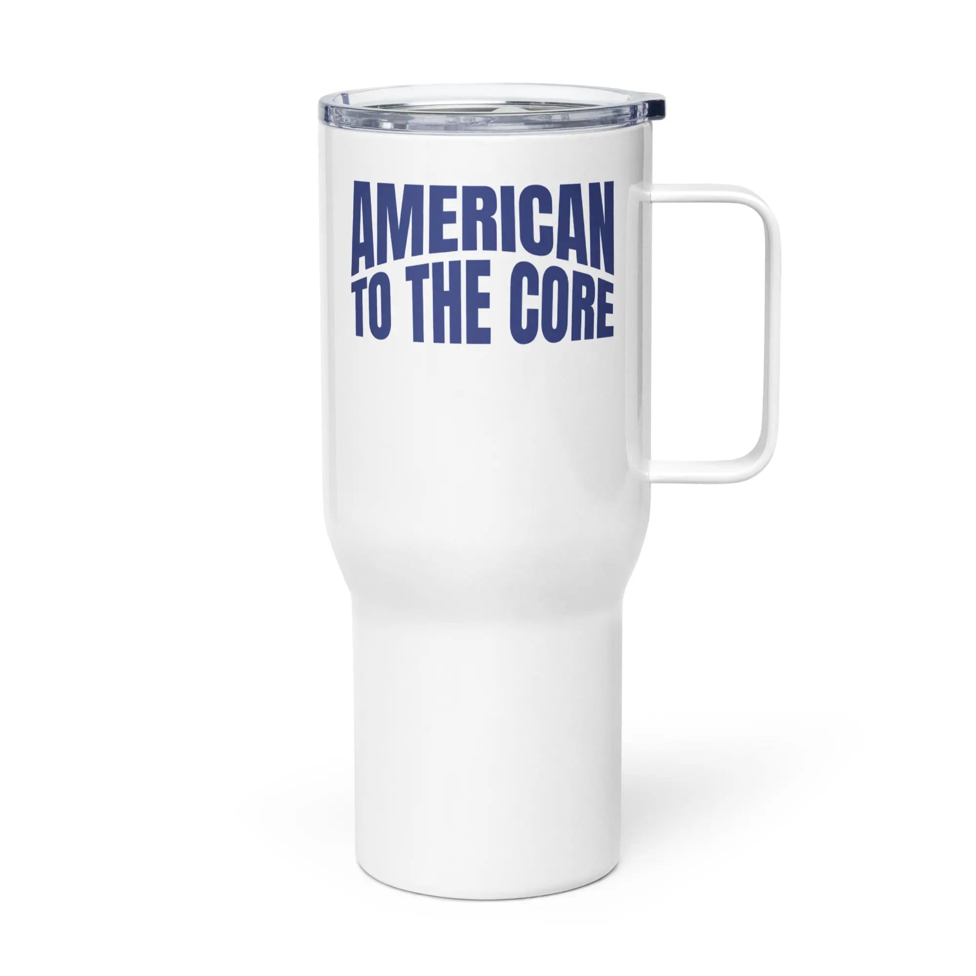 A white travel tumbler with the text 'American To The Core' in blue.