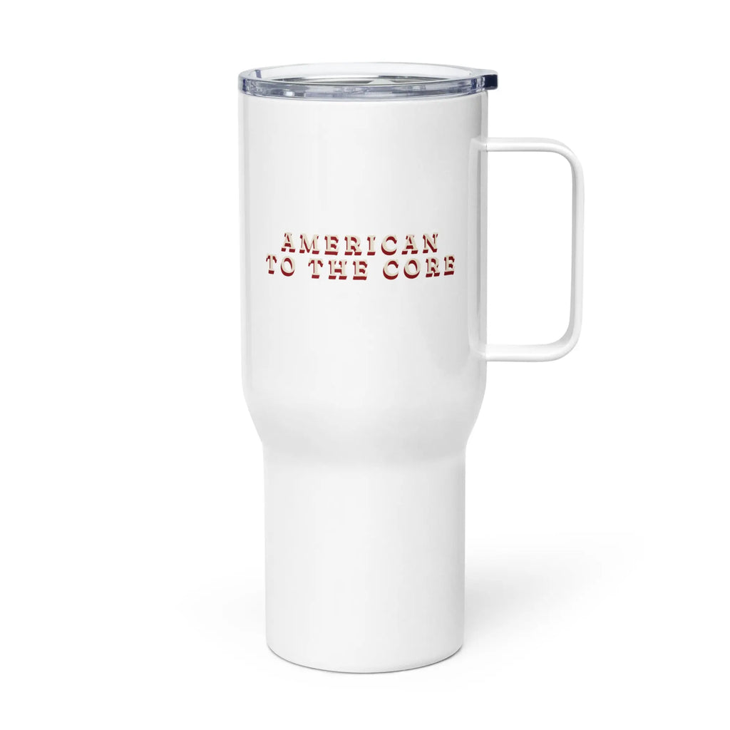 White travel tumbler with 'American to the core' text in red and white.