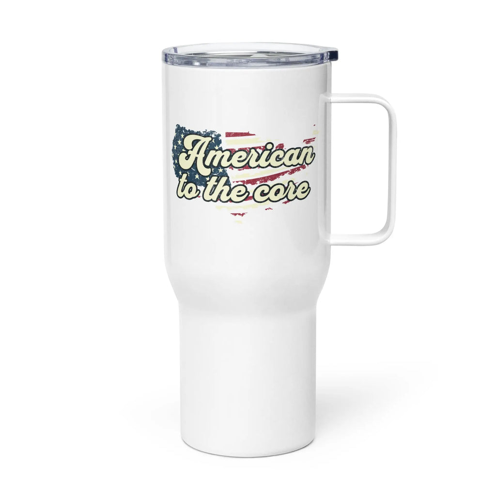 White travel tumbler with 'American to the core' text and flag design.