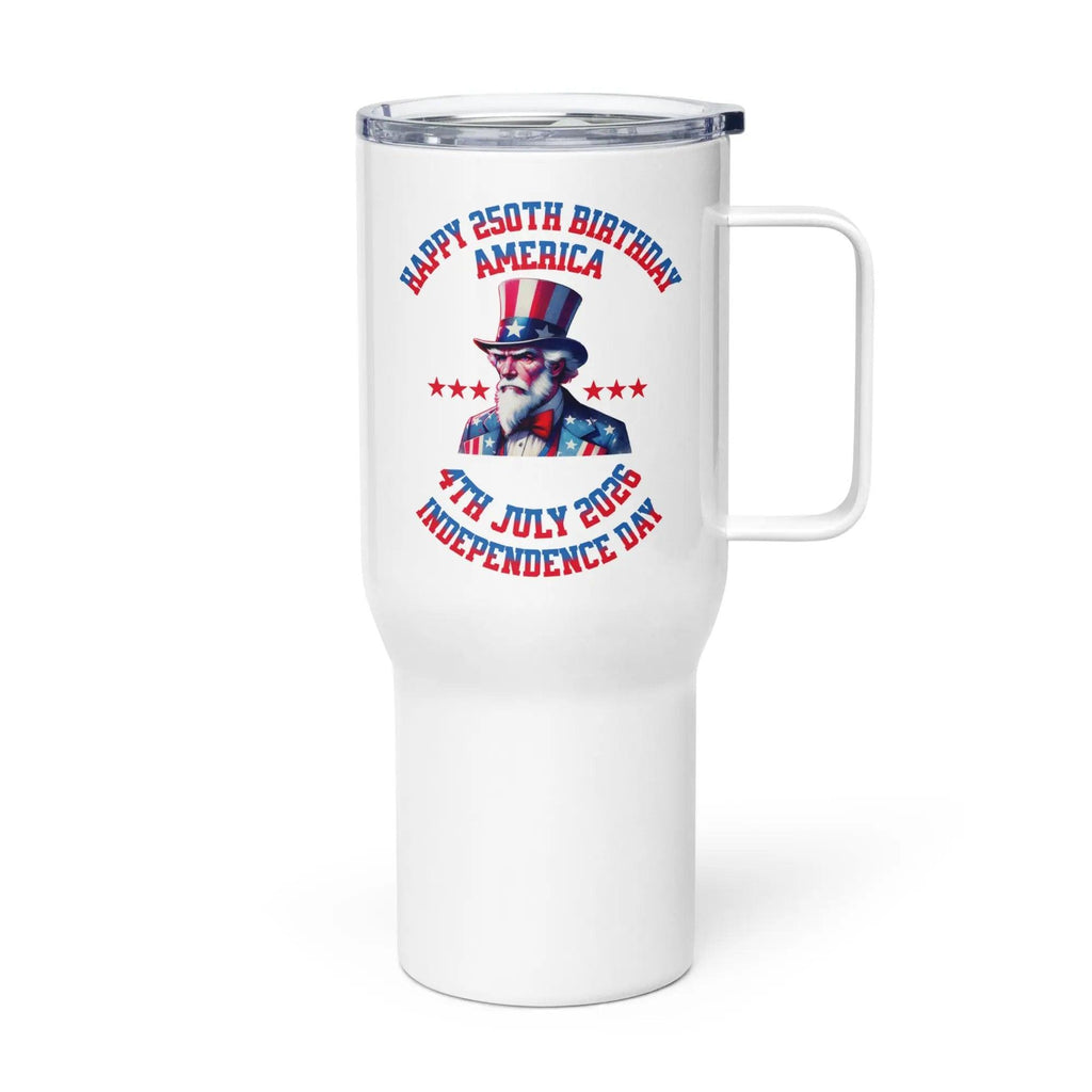 White tumbler with 4th of July design featuring a Uncle Sam graphic on a white background