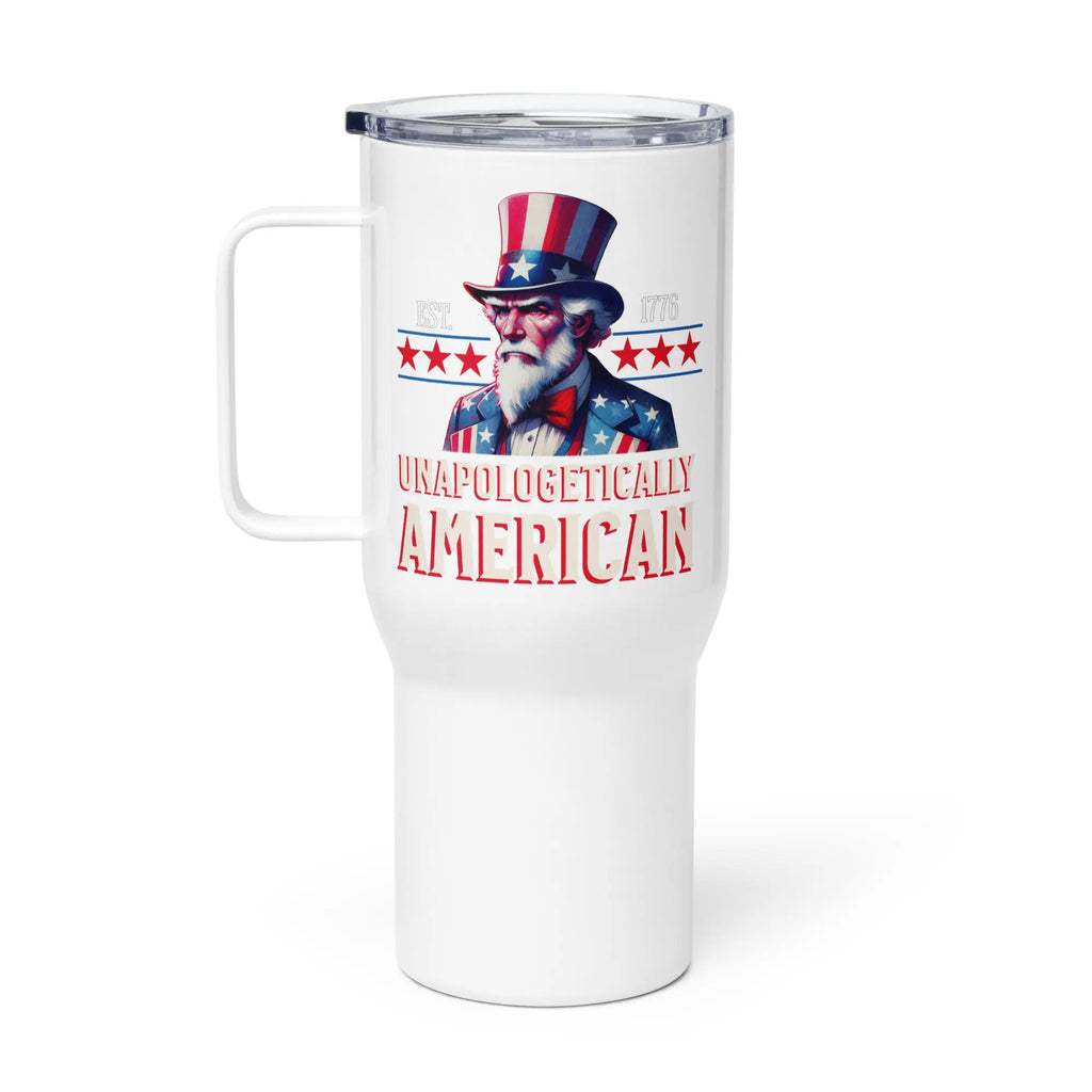White travel mug with Uncle Sam graphic and text on a white background