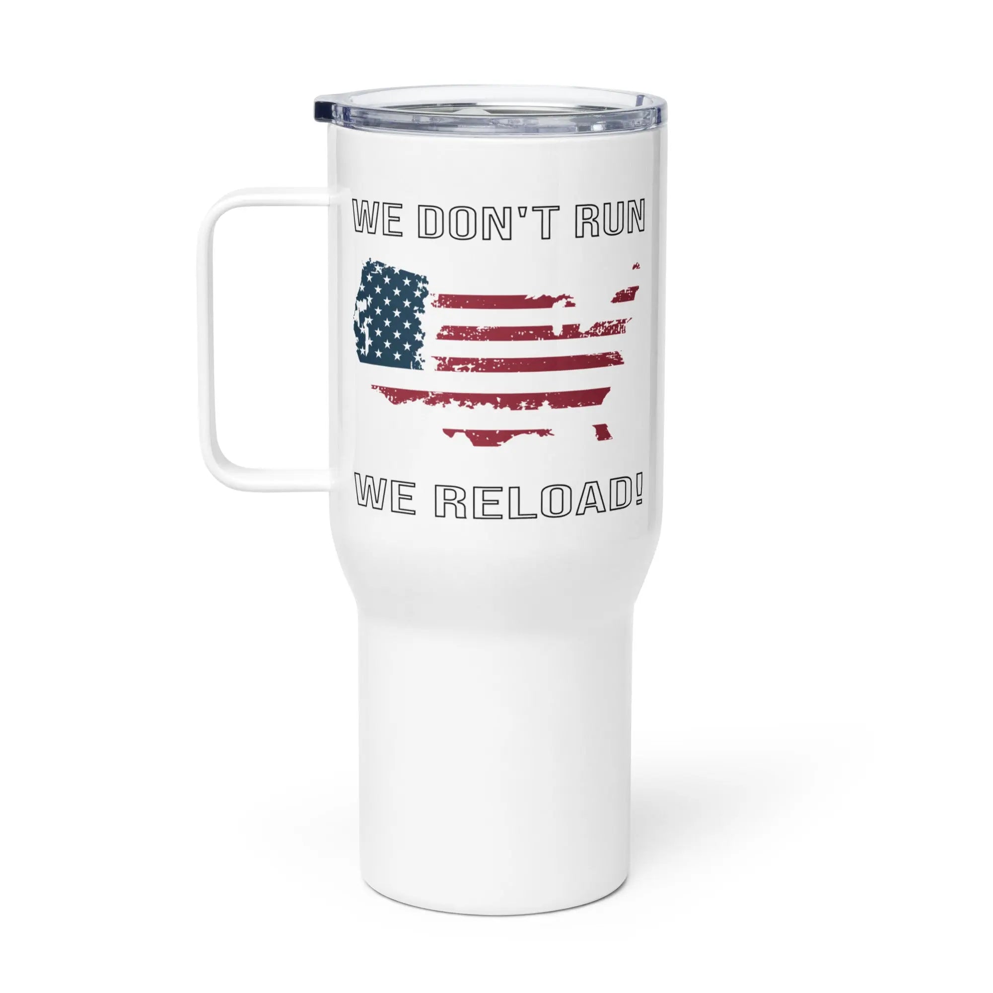 White travel mug with American flag design and text on a white background