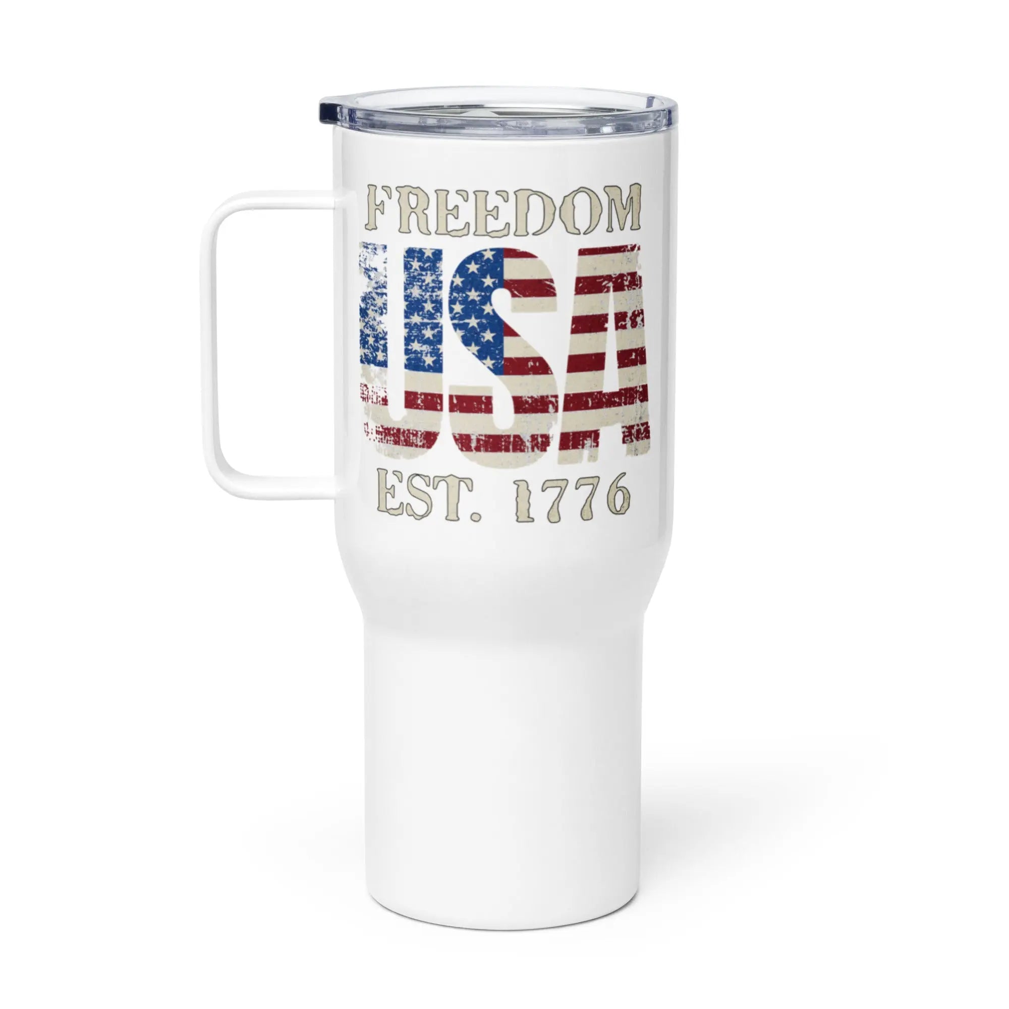 White travel mug with American flag design and 'Freedom US EST. 1776' text on a white background