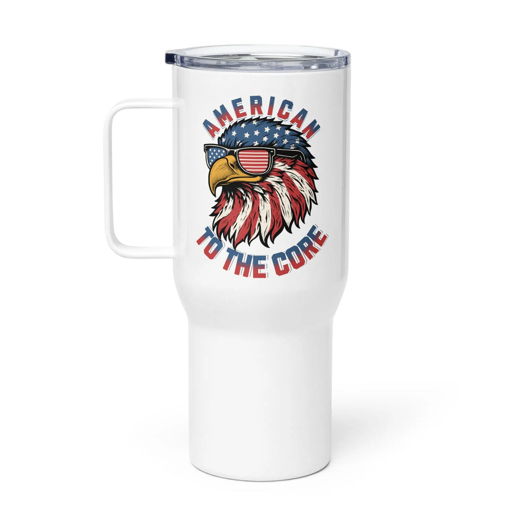 White travel mug with an eagle design and 'American to the Core' text on a white background