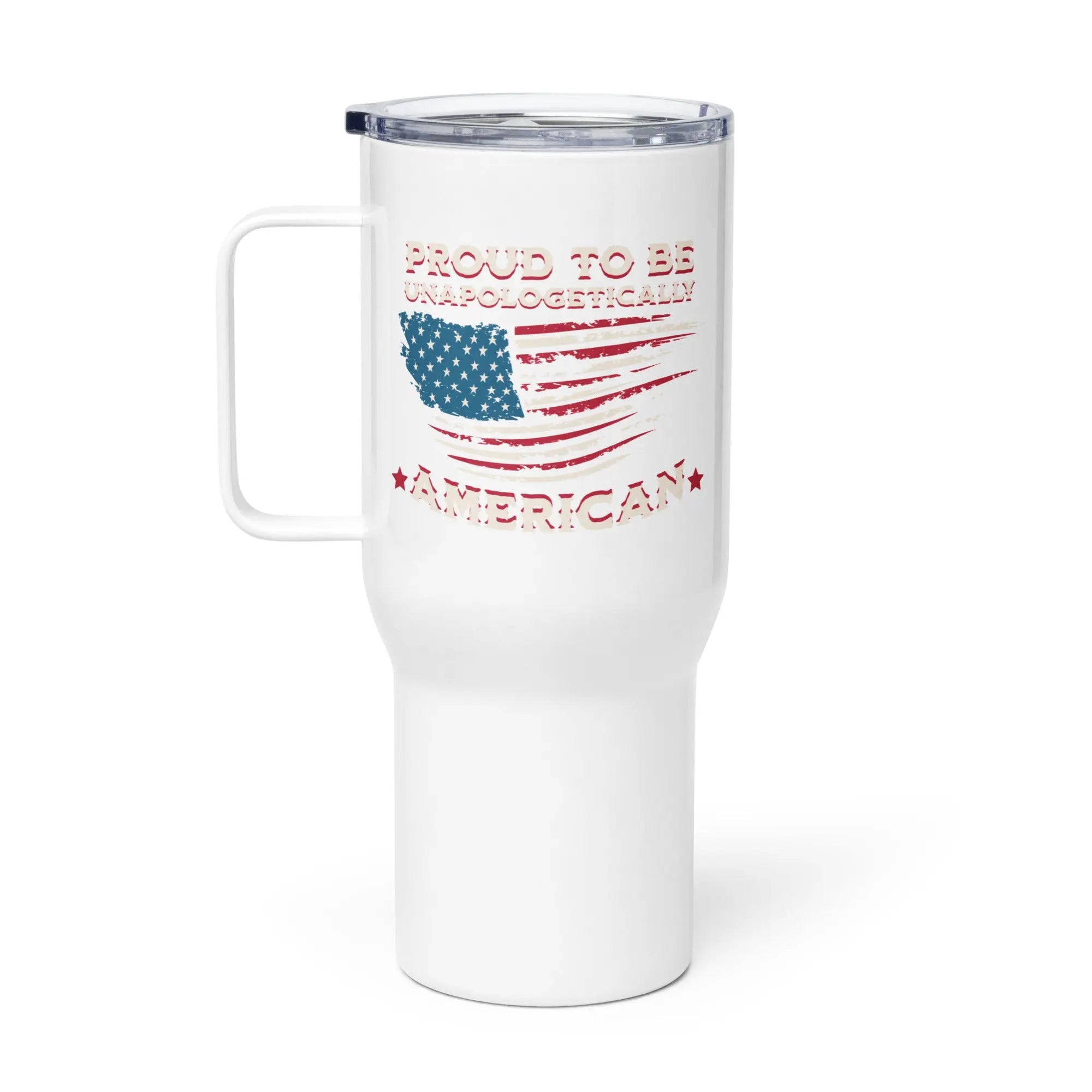 White tumbler with American flag design and text on a white background