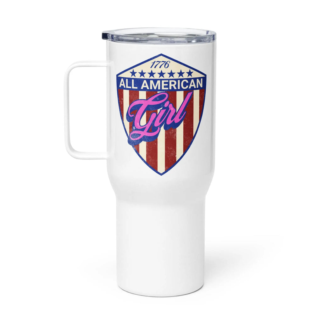 White tumbler with 'All American Girl' design on a white background
