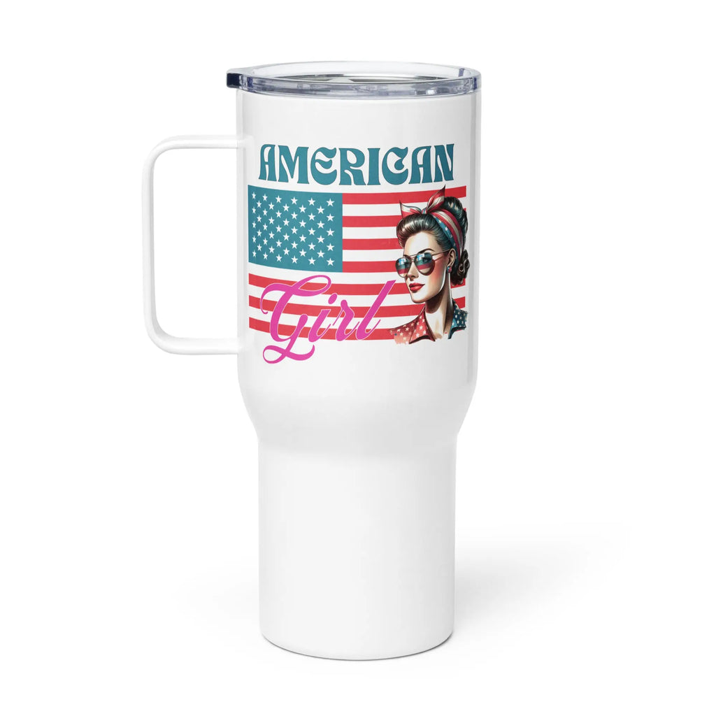 White tumbler with a woman's head over the American Flag and the text 'American Girl' in pink