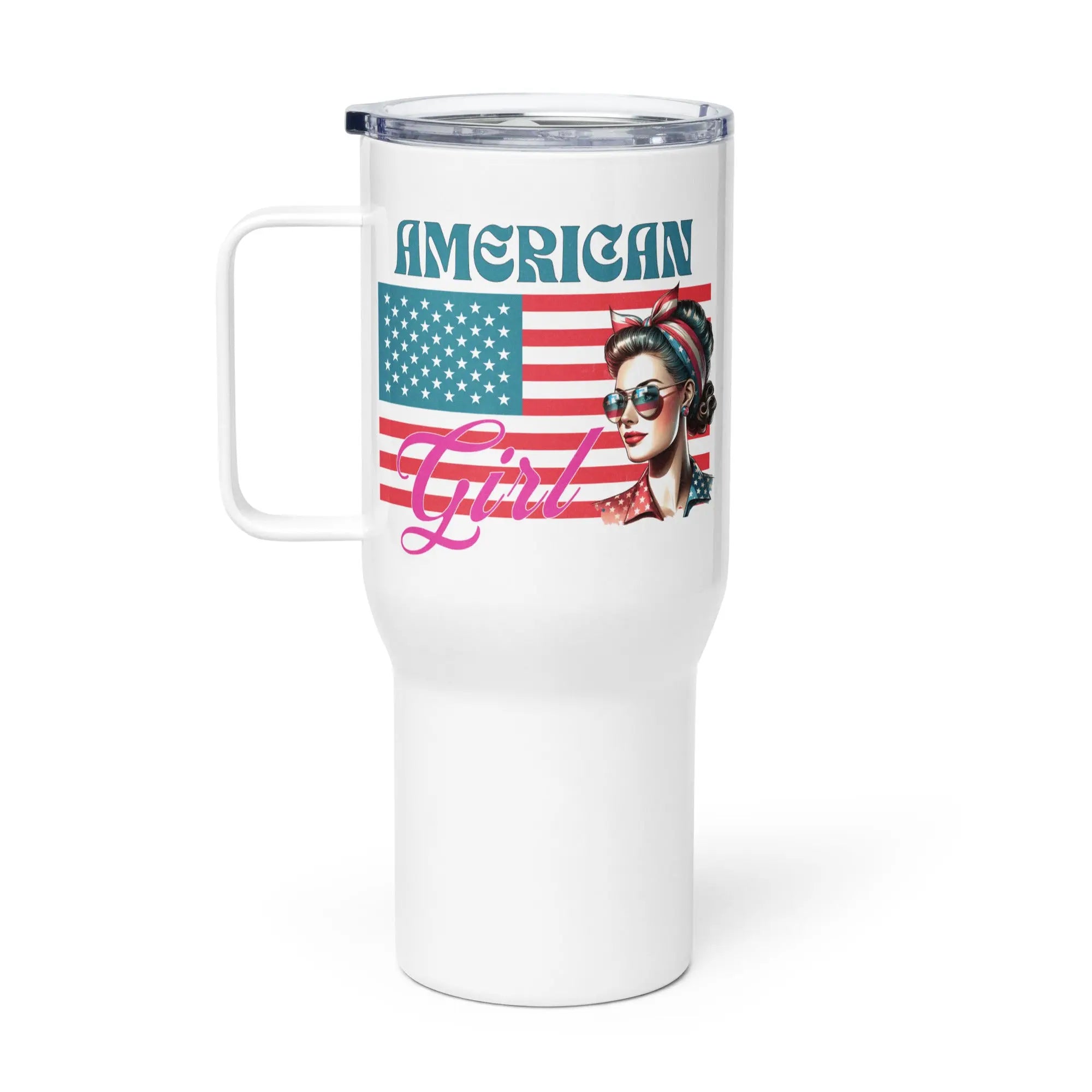 White tumbler with a woman's head over the American Flag and the text 'American Girl' in pink