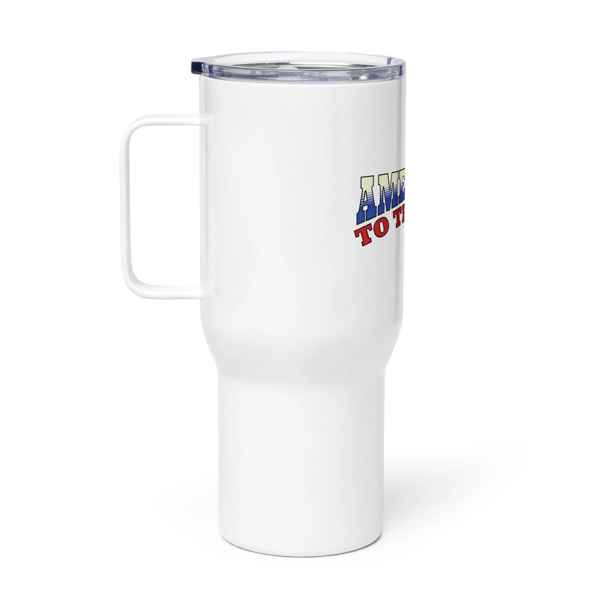 White tumbler with the text 'American to the core' in Red, white, and Blue