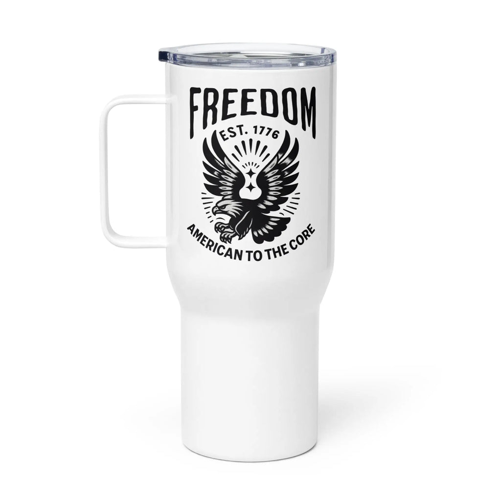 White tumbler with a flying eagle and  the text 'Freedom est. 1776 and American to the core' in black 