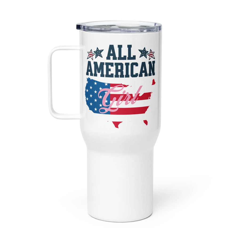 White tumbler with the text 'All American Girl' over the American flag in the shape of America. 