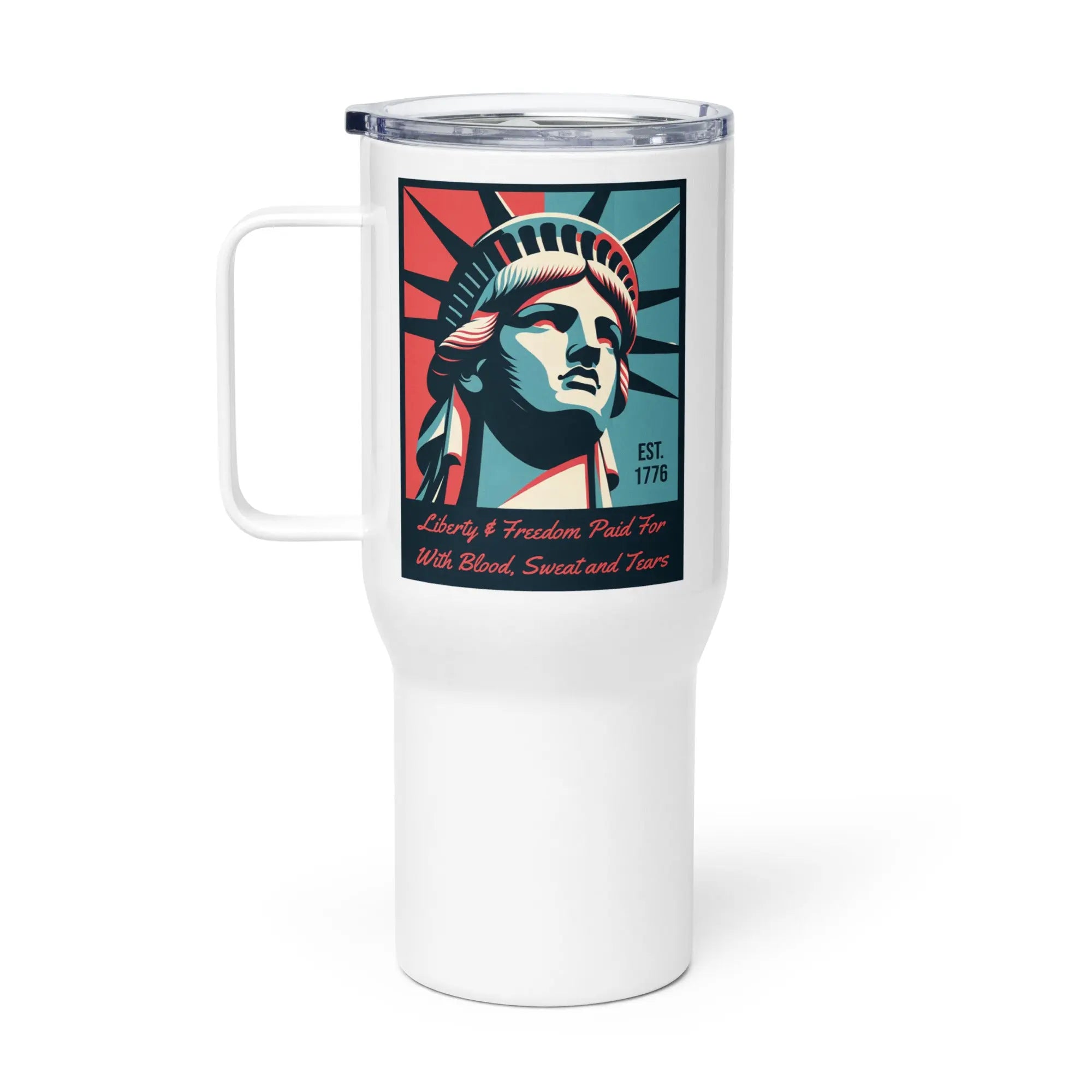 White travel mug with Statue of Liberty design on a white background