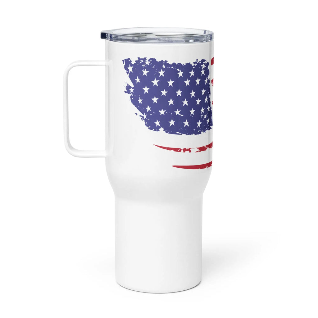 A white travel tumbler with the American flag.