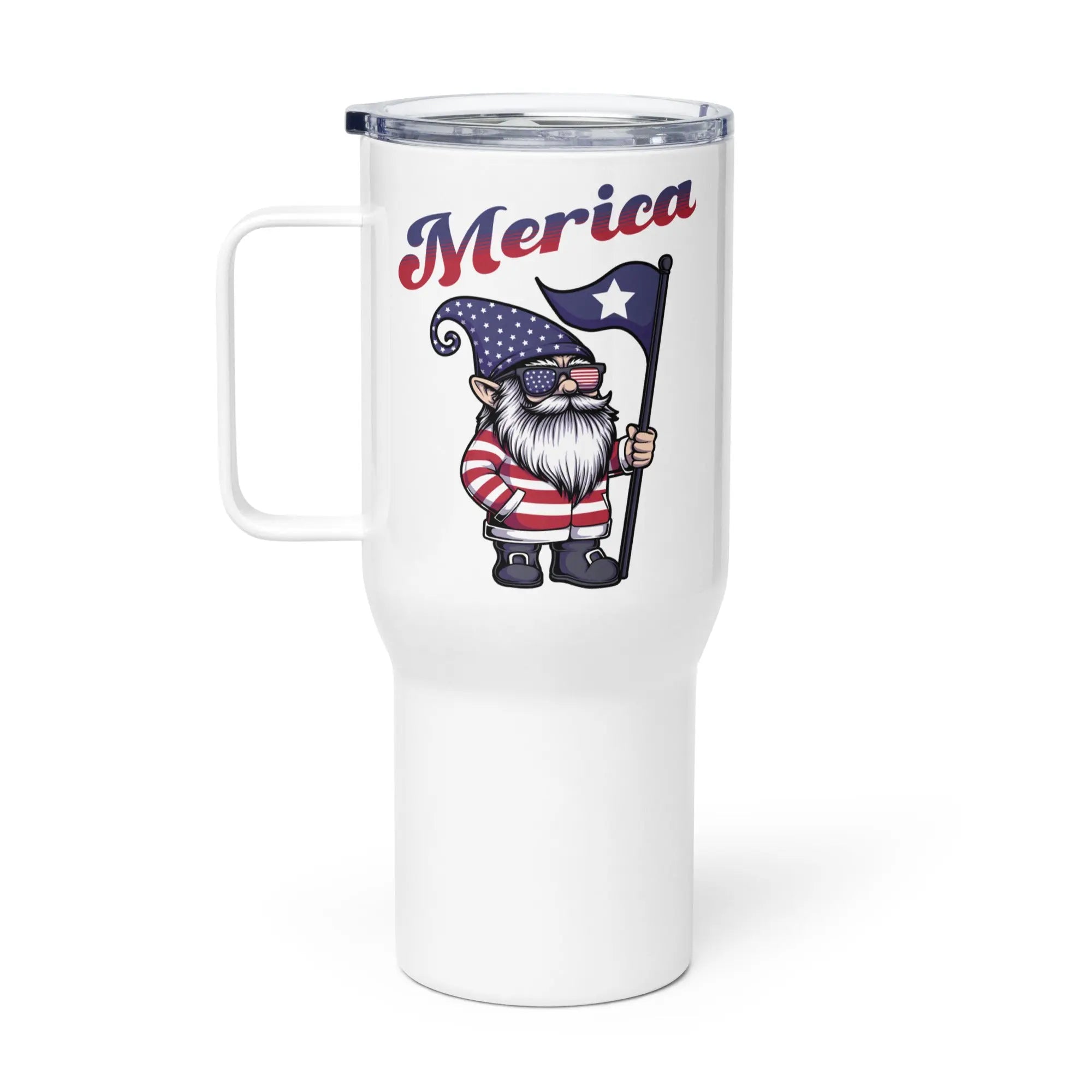 A white travel tumbler with a gnome holding a flag and the text 'Merican' in red and blue.