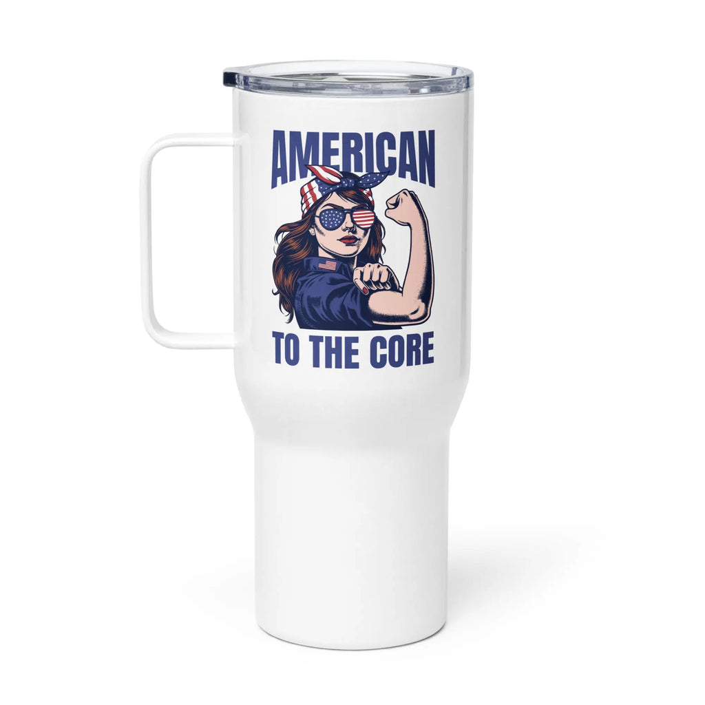 A white travel tumbler with a woman flexing and the text 'American To The Core' in blue.