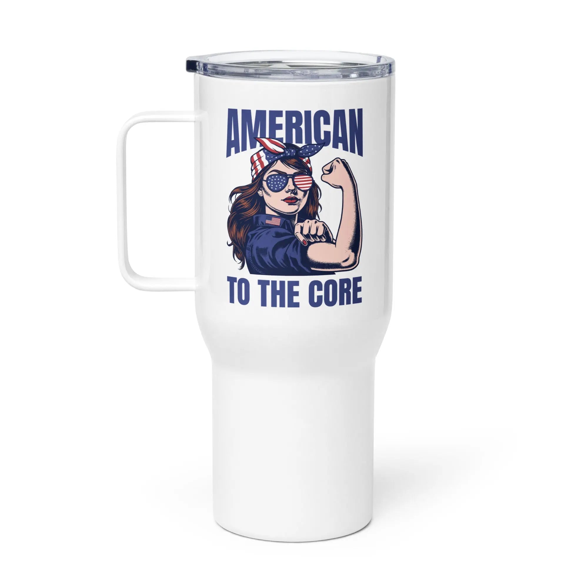 A white travel tumbler with a woman flexing and the text 'American To The Core' in blue.