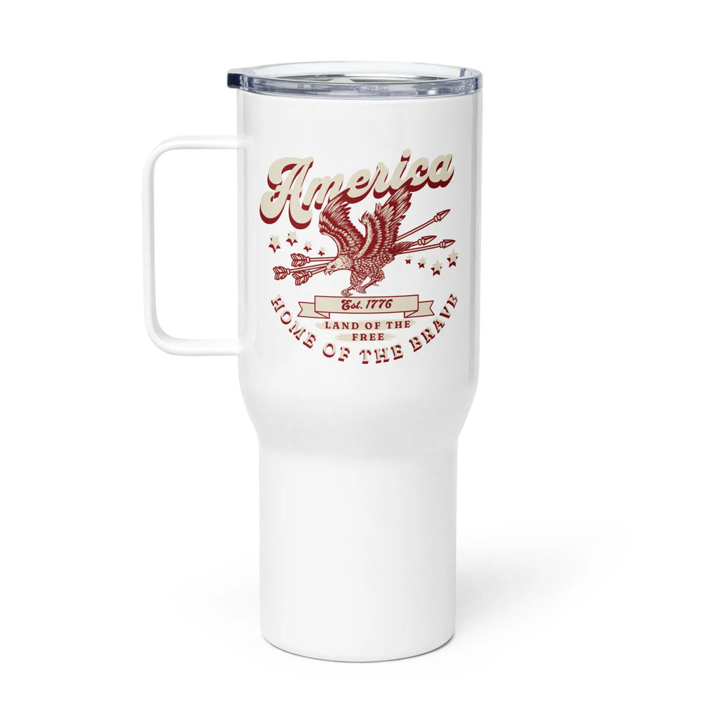 A white travel tumbler with a flying eagle and the text 'America: Home Of The Brave' in red and white.