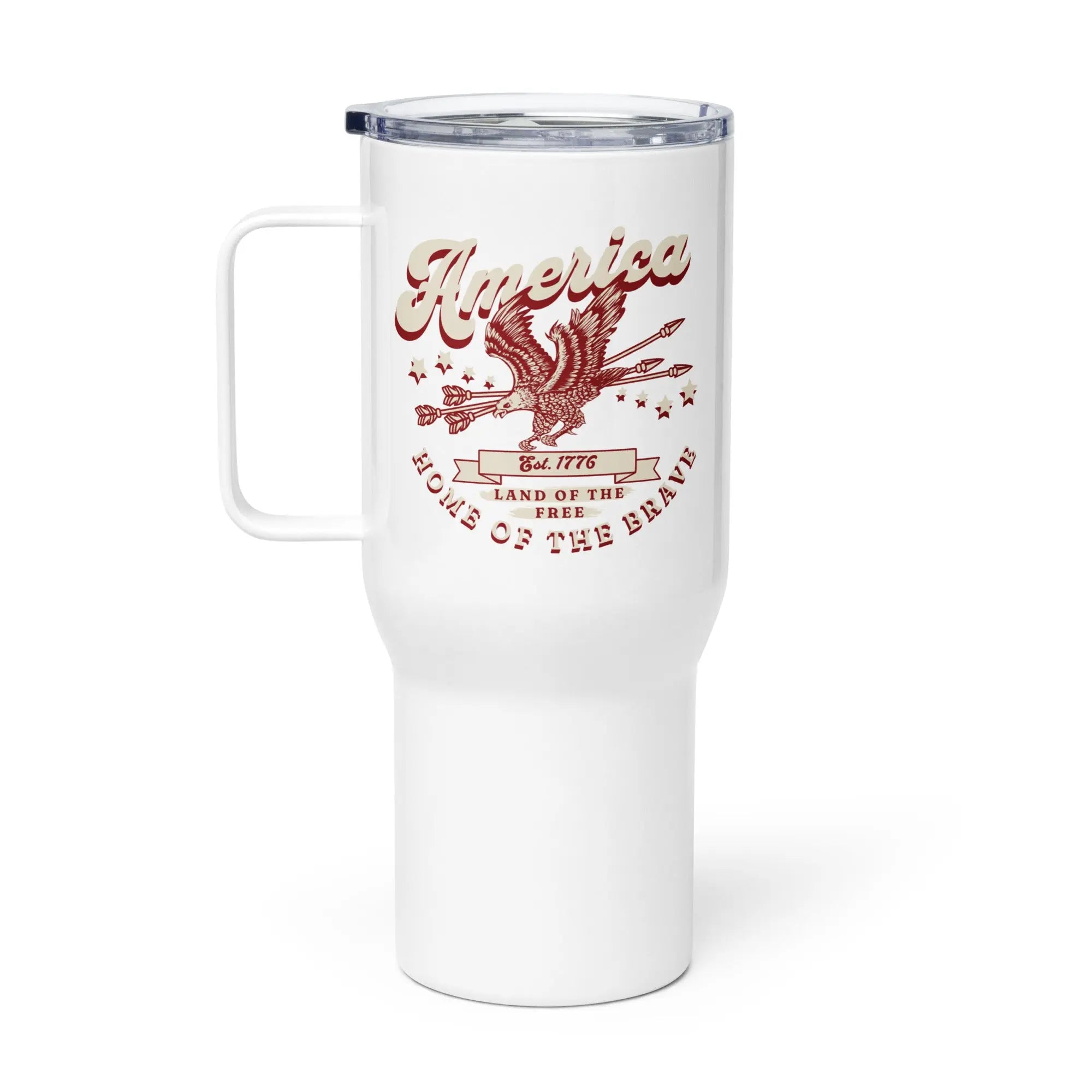 A white travel tumbler with a flying eagle and the text 'America: Home Of The Brave' in red and white.