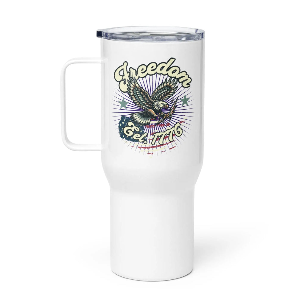 White travel tumbler with a flying eagle design and the text "Freedom est. 1776" 