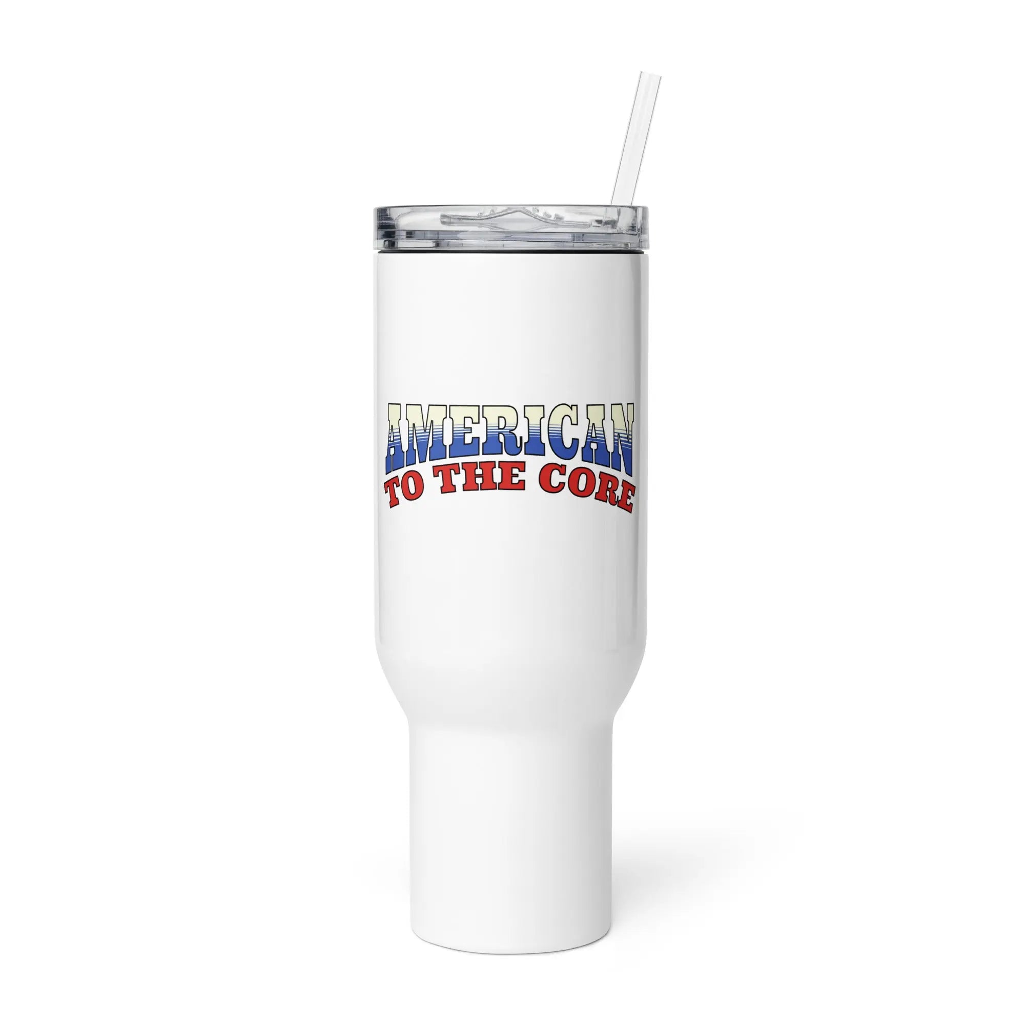 White tumbler with the text 'American to the core' in Red, white, and Blue