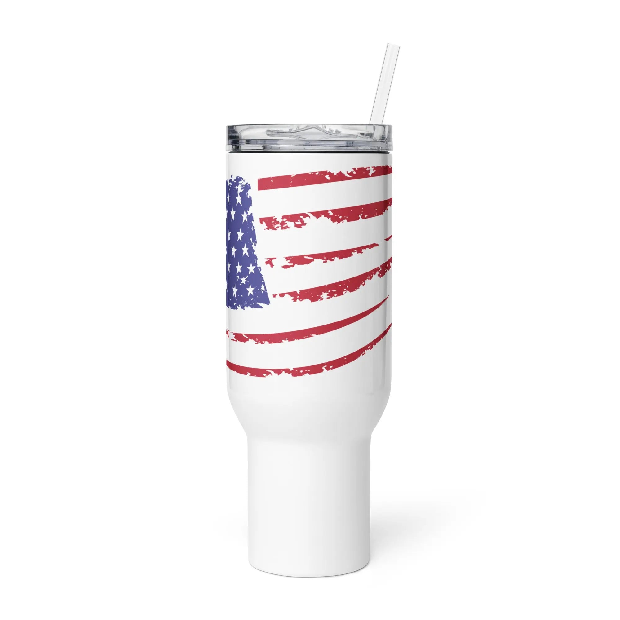 A white travel tumbler with the American flag.
