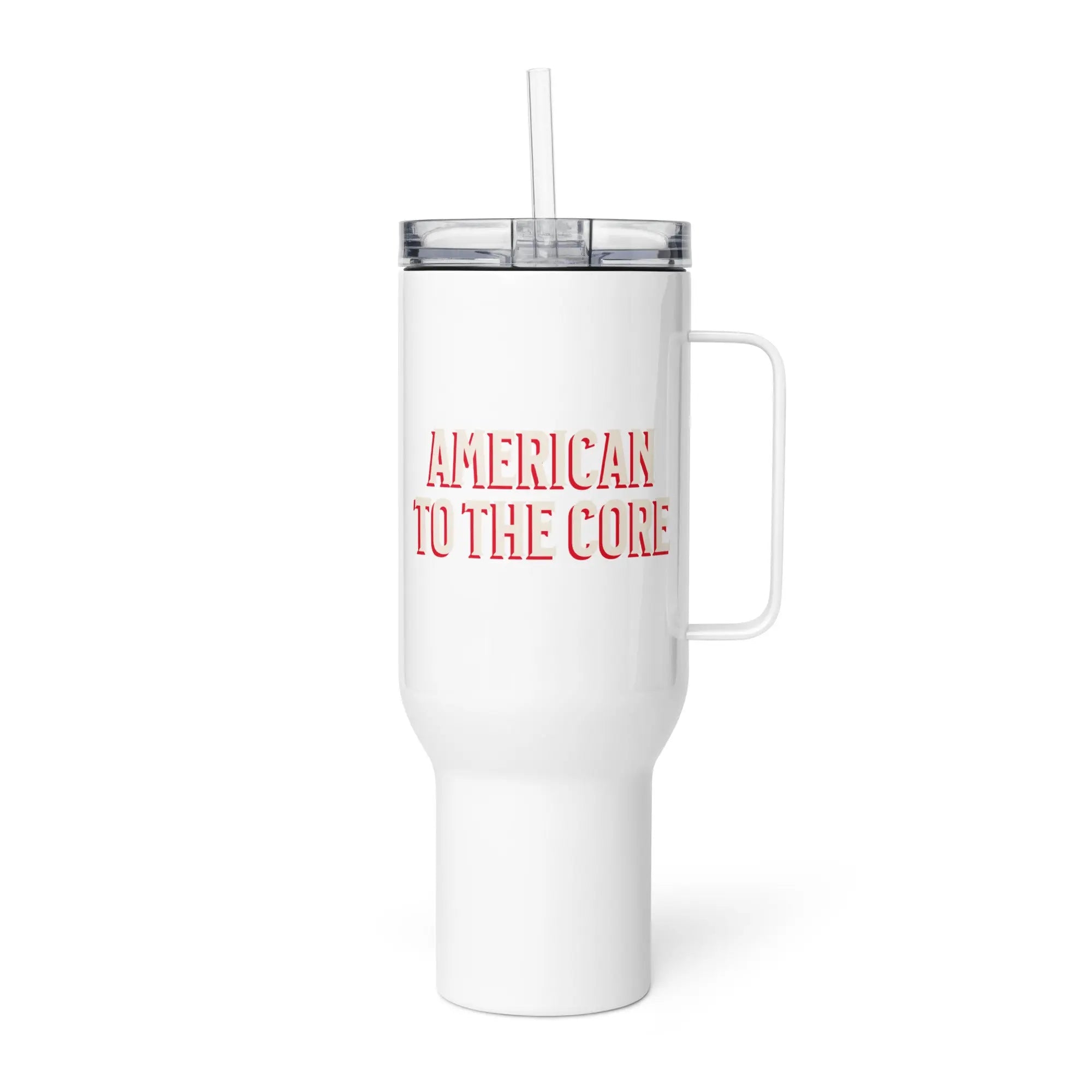 White tumbler with red text 'American to the Core' on a white background