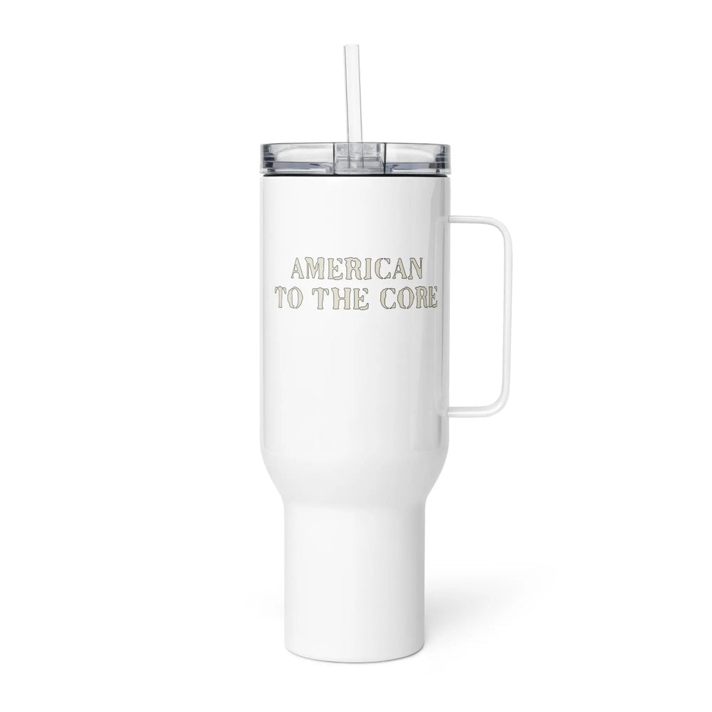 White tumbler with 'American to the Core' text on a white background