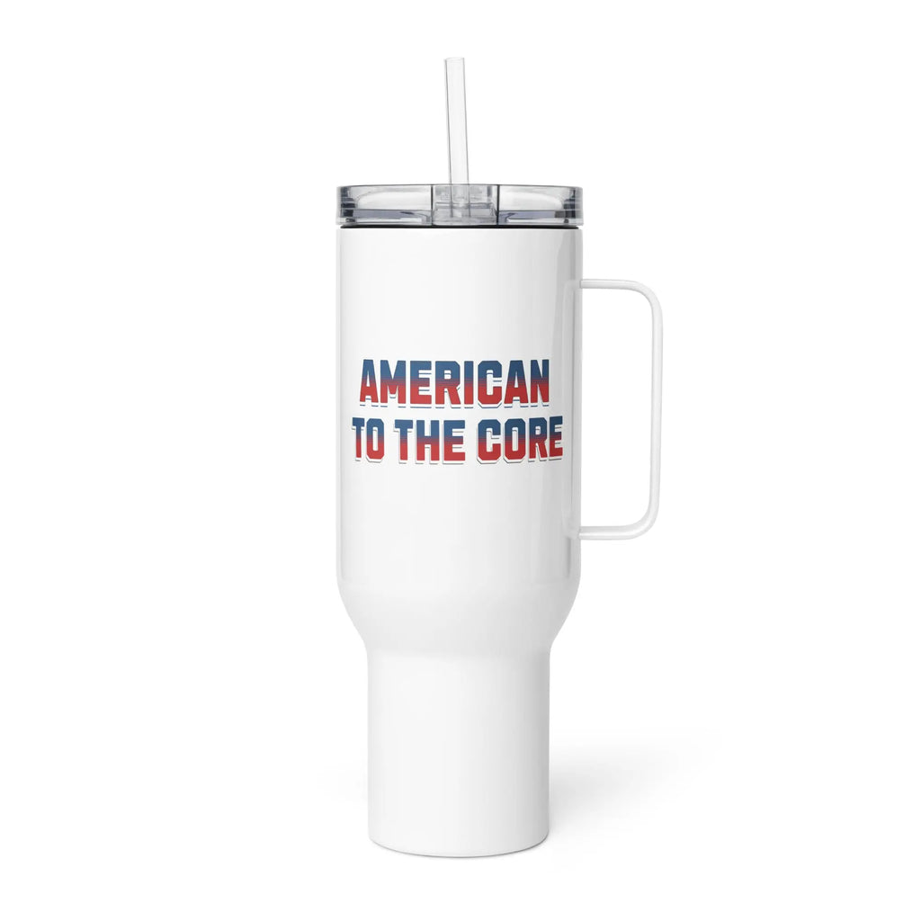 White tumbler with 'American to the Core' text on a white background